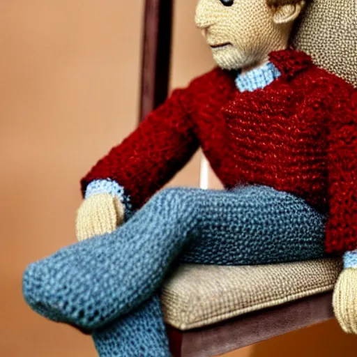 Image similar to realistic knitted doll ryan gosling sitting on a chair, lethal preservation, proportions, high quality, realism, foreground focus,