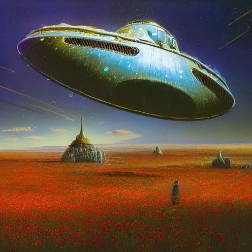 Prompt: painting of artlilery spaceship with ornate metal work lands in country landscape, filigree ornaments, volumetric lights, norm rockwell, beksinski