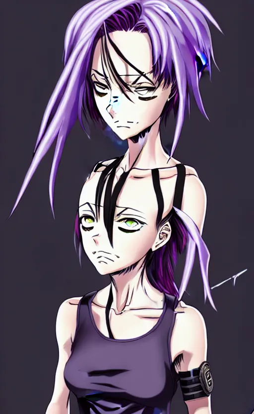 Image similar to style of madhouse studio anime, black lagoon manga, loish, artgerm, comic art, portrait of revy from black lagoon, symmetrical eyes and symmetrical face, jean shorts, white tank top, purple hair, sarcastic evil smirk on face, sky and ocean background