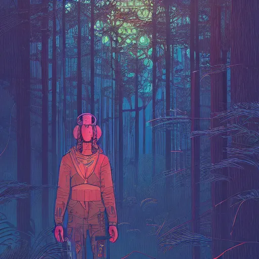 Image similar to Stunningly intricate portrait illustration of a single cyberpunk explorer overlooking a lush forest, highly detailed, midnight, by Victo Ngai and James Gilleard , Moebius, Laurie Greasley