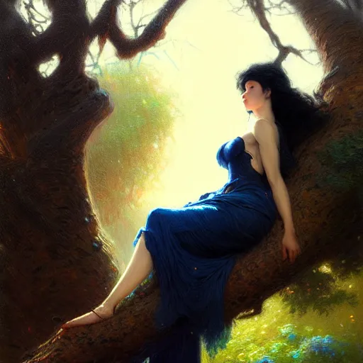 Prompt: portrait of a strong woman resting on a large tree, short black hair, thoughtful experssion, slender dark blue clothing, bare legs sharp focus, ultra realistic digital painting, colorful, cinematic lighting, high fantasy, intricate, highly detailed, smooth, elegant, gaston bussiere, bayard wu, greg rutkowski