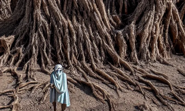 Image similar to medium shot of a nondescript crying ancient dried up Danu, peaceful, facing the camera and standing in front of a dried up river in a desolate land, dead trees, blue sky, hot and sunny, highly-detailed, elegant, dramatic lighting, artstation, 4k, cinematic landscape, photograph by Elisabeth Gadd