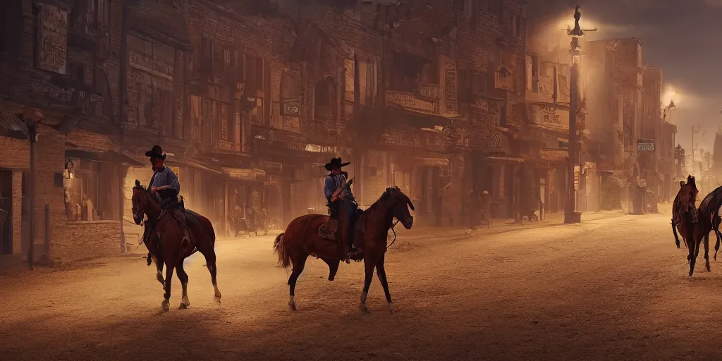 Prompt: rugged sheriff riding his horse through a busy old - west town, detailed, volumetric lighting, cinematic, in the style of fredrick remington