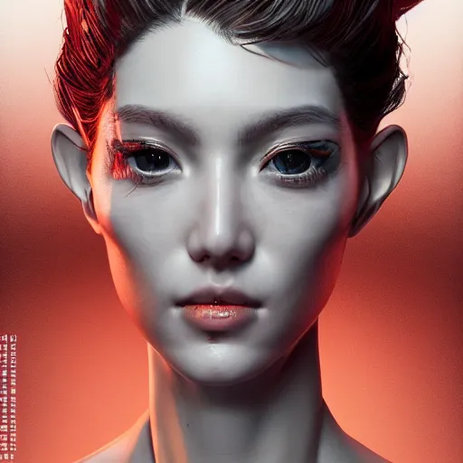 Image similar to the portrait of an absurdly beautiful, graceful, elegant, sophisticated, fashionable cyberpunk gravure idol, an ultrafine hyperdetailed illustration by kim jung gi, irakli nadar, intricate linework, bright colors, porcelain skin, unreal uni engine 5 highly rendered, cgsociety, global illumination, radiant light, detailed and intricate environment