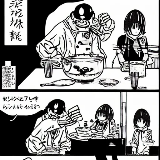 Image similar to evil anthropomorphic cookie cooking a bunch of cookies, in the kitchen, in vagabond manga by takehiko inoue, black ink