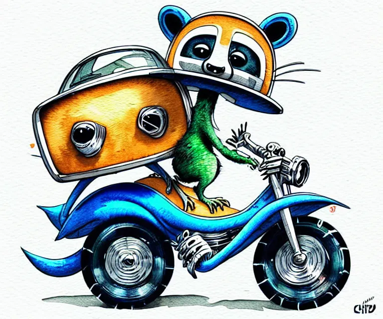 Image similar to cute and funny, racoon wearing a helmet riding in a tiny 2 0 1 7 infinti qx 8 0, ratfink style by ed roth, centered award winning watercolor pen illustration, isometric illustration by chihiro iwasaki, edited by range murata