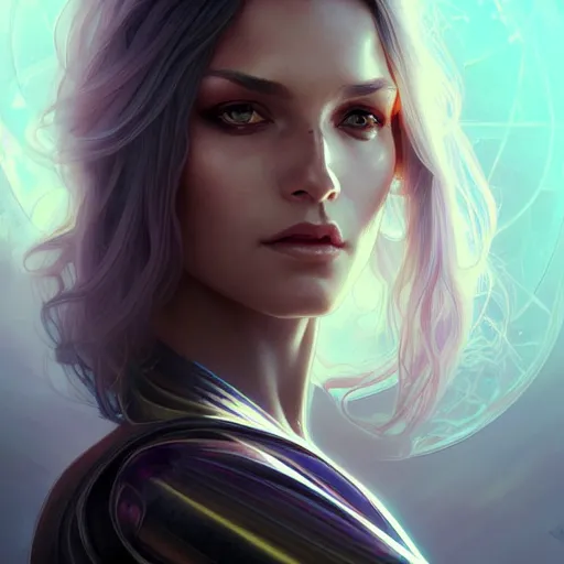 Image similar to futuristic woman portrait, sci-fi, amber eyes, face, long hair, fantasy, intricate, elegant, highly detailed, digital painting, artstation, concept art, smooth, sharp focus, illustration, art by artgerm and greg rutkowski and alphonse mucha