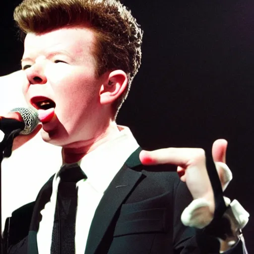 Image similar to young Rick Astley performing Never Gonna Give You Up, singing into a microphone, dancing, black suit, striped shirt, light background, full color photograph, 4k