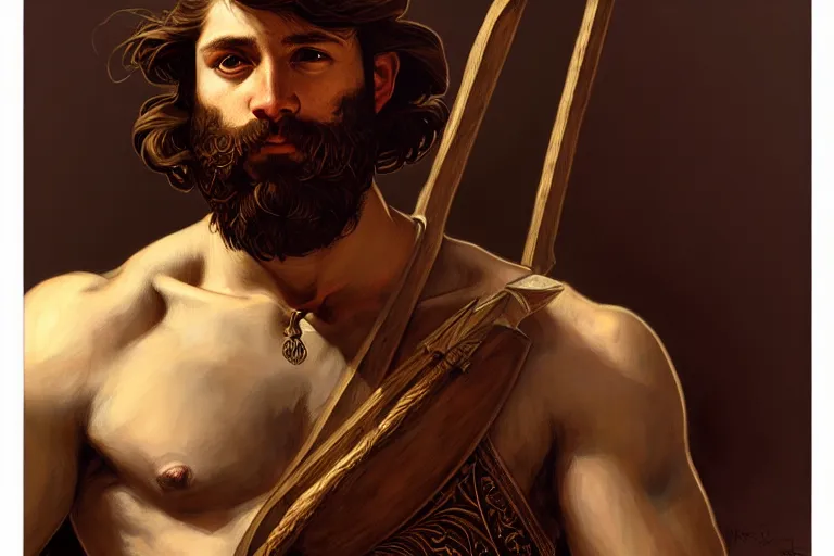 Image similar to renaissance upper body portrait of a gruff ranger with a spear, lean and toned, handsome face, hairy chest, D&D, intricate, elegant, highly detailed, digital painting, artstation, concept art, matte, sharp focus, illustration, art by da Vinci, Artgerm and Greg Rutkowski and Alphonse Mucha