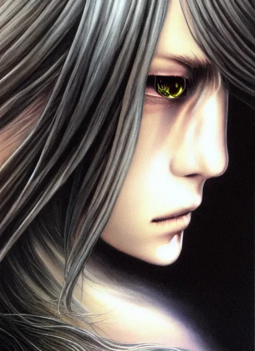 Image similar to beautiful matte airbrush portrait of a final fantasy inspired face with very long hair and sad eyes crying on a white background, 8 0's airbrush aesthetic, art by pater sato, ayami kojima and yoshitaka amano