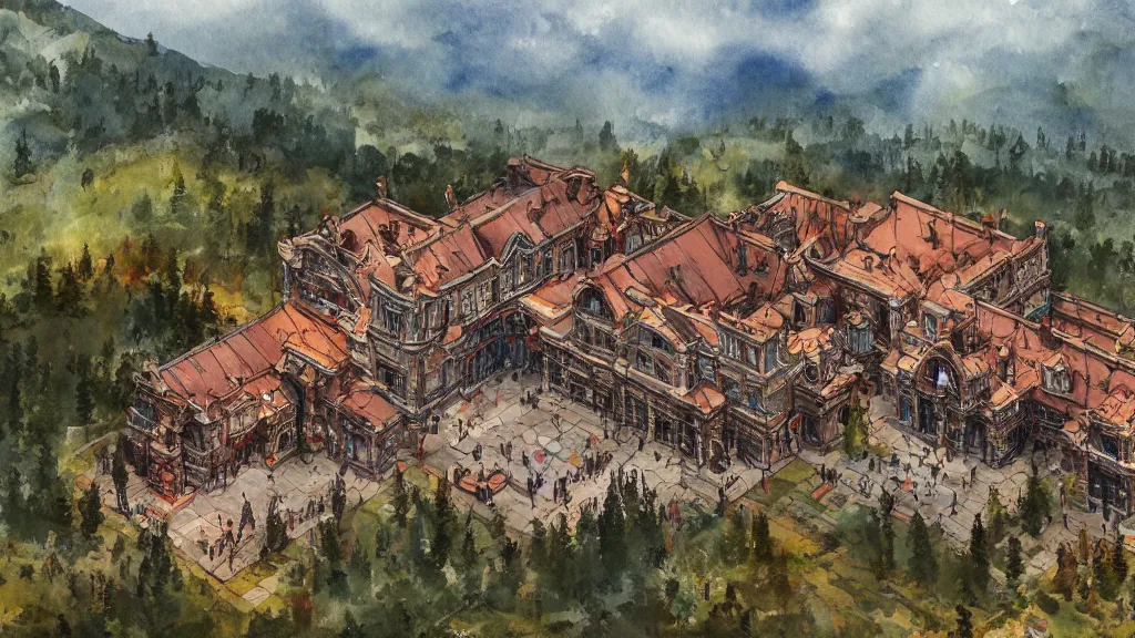 Image similar to top down view of an elaborate museum complex in aspen colorado, watercolored, jakub rozalski, bright colours, artstation