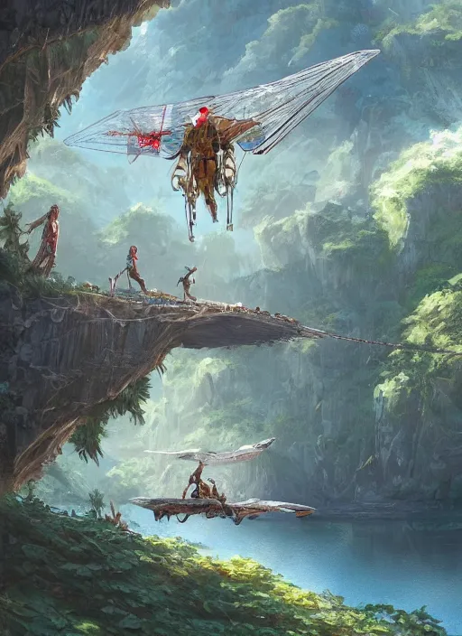 Prompt: A beautiful digital painting of an ornithopter landing platform, crystal lake, lovely valley by Stanley Artgerm Lau, Rossdraws, James Jean, gerald brom, Andrei Riabovitchev, Marc Simonetti, and Sakimichan, trending on artstation