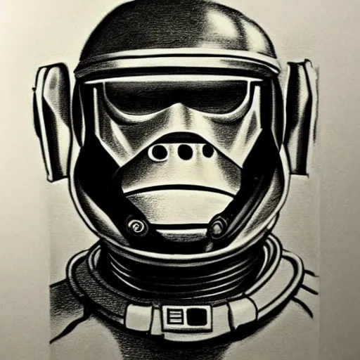 Image similar to pencil art, realistic self portrait, astronaut with a chimpanzee, drawn like a star wars poster.