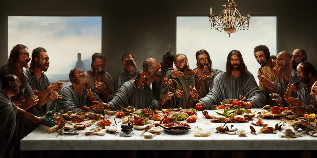 Image similar to !13 hungry cannibals making a rich salad around a marble table, !positioned as last supper cinematic lighting, dramatic framing, highly detalied, 4k, artstation, by Rene Lalique and Wayne Barlowe