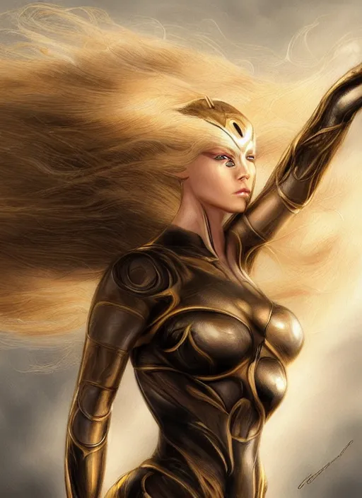 Image similar to golden pencil drawing of beautiful robot - cat woman face, goddess, beautiful blonde hair flying in the wind, hyper realistic face, in the style of greg rutkowski, fantasy, amazing detail, epic, elegant, smooth, sharp focus, from the front