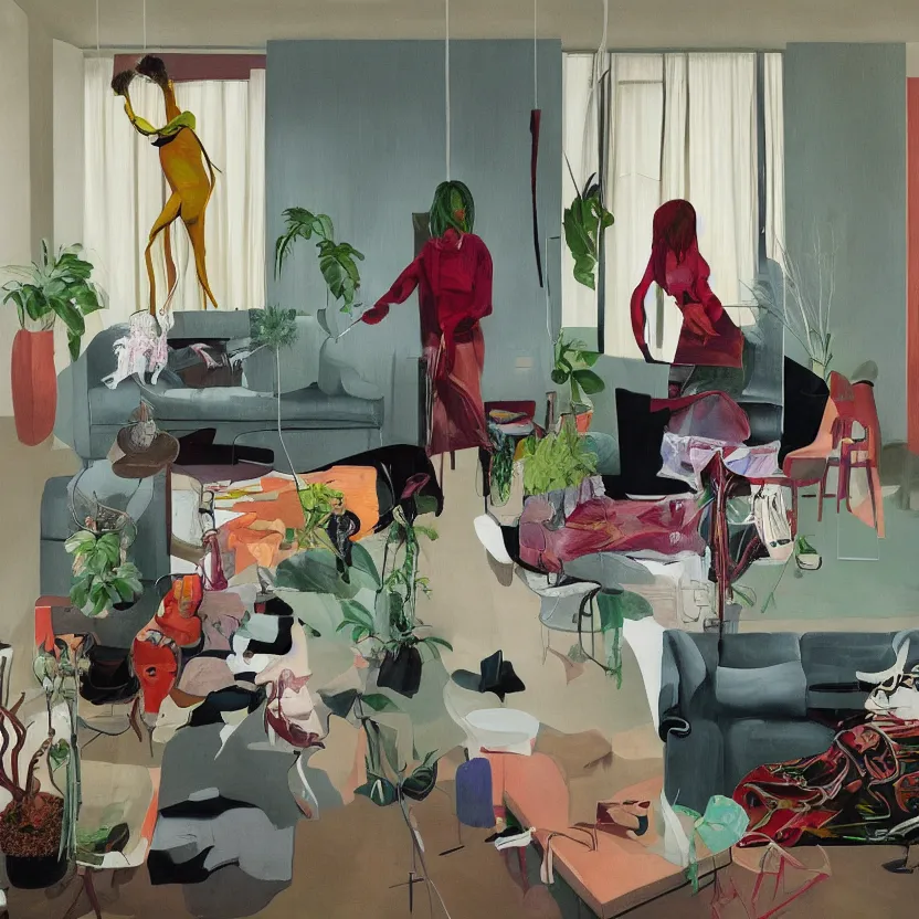 Prompt: One woman feeling lost in a living room of a house, There is one living room plant to the side of the room, surrealism painting by francis bacon and martine johanna