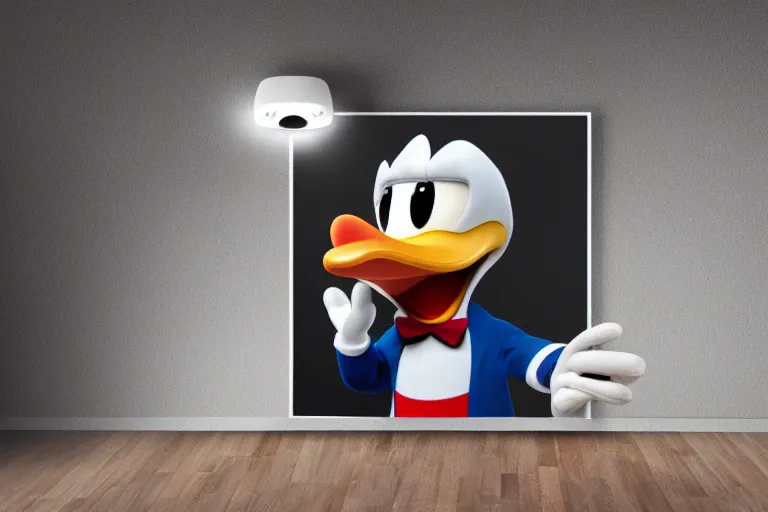 Image similar to donald duck hide incorner of dark room, smiling, dark, flash light, dream core, horror