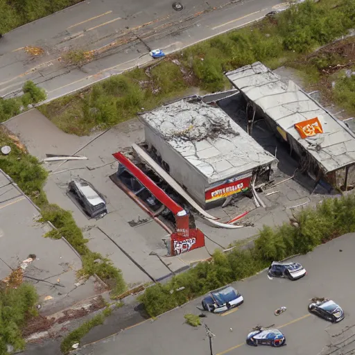 Image similar to top down aerial view of dilapidated gas - station with supermarket and shopping street in real life, desolate with zombies, dilapidated, zombies in the streets, nightmarish, some rusted style parked vehicles, sunny weather, few clouds, volumetric lighting, photorealistic, daytime, autumn, sharp focus, ultra detailed, cgsociety