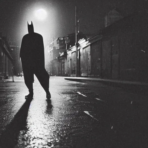 Prompt: 1900's photo of batman with frowning in deep alley street holding his emotion while walking slowly towards a street lamp, rain and smokes while the moon shines on his back, blurry, candid