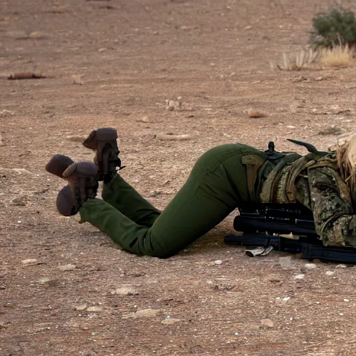 Image similar to cinematic shot of Britney Spears wearing green military clothes lying prone on the ground aiming a rifle in the desert, 8k, highly detailed, highly intricate, depth of field,