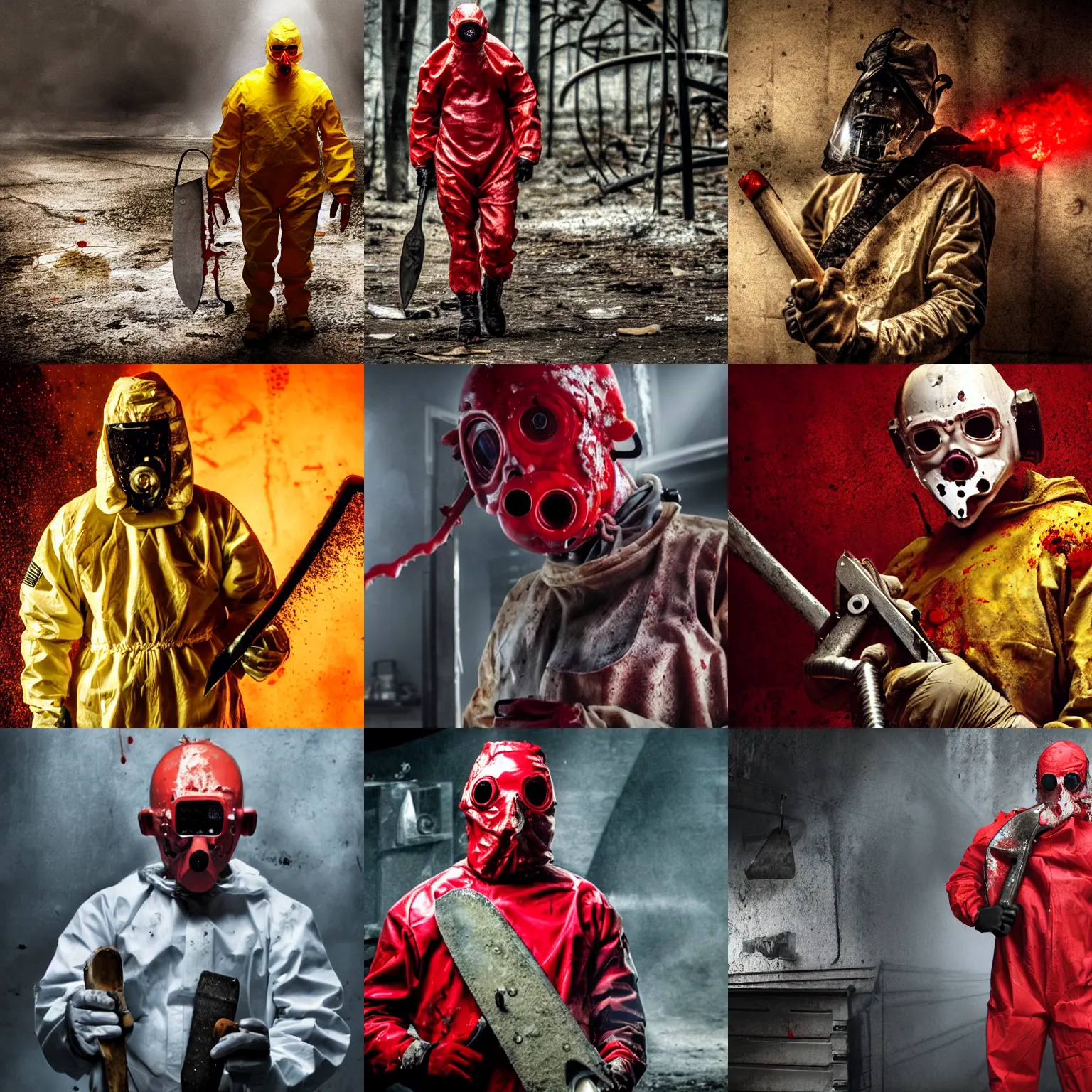 Prompt: still from the movie saw, extreme long shot of a man in a bloody hazmat suit holding, big axe, blood, horror, award winning photo, high detail, atmospheric, 8k