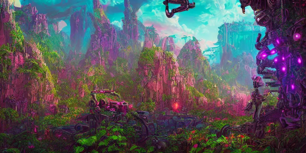 Prompt: synthwave synthwave a large zelda windwalker dungeon entrance in the valley of infinite flowers, filled with plants and habitats, hyper detailed, dieselpunk, technology, cinematic atmosphere, trending on artstation, cgsociety, pressed penny art