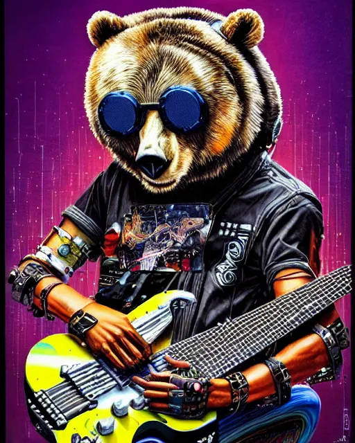 Image similar to a portrait of an anthropomorphic cyberpunk bear shredding an electric guitar by sandra chevrier, by jon foster, detailed render, tape deck, epic composition, cybernetics, 4 k realistic, cryengine, realistic shaded lighting, sharp focus, masterpiece, by enki bilal