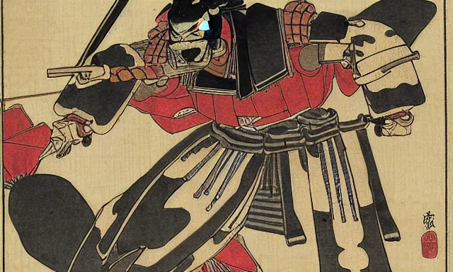 Prompt: samurai mech in feudal japan, in the style of Utagawa Kuniyoshi, classical japanese art, sci-fi illustrations, mechwarrior, battletech, gundam, highly detailed, award-winning, mecha, japanese, dark, gritty, beautiful colors, ink
