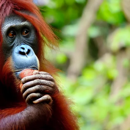 Prompt: a beautiful orangutan is sucking the human skin