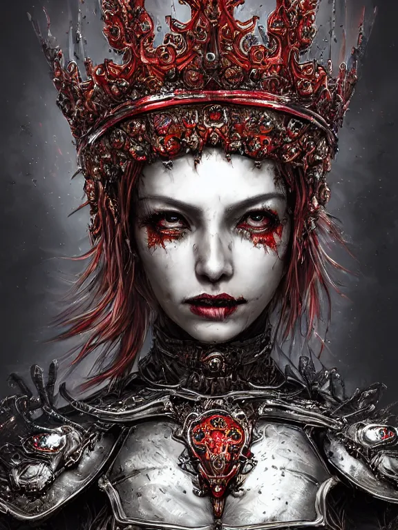 Prompt: portrait art of 8k ultra realistic undead queen,intricate red crown, detailed intricate ornate armour,decaying, cybernetic, full of colour, cinematic lighting, battered, trending on artstation, 4k, hyperrealistic, focused, extreme details,unreal engine 5, cinematic, masterpiece, art by ayami kojima, giger
