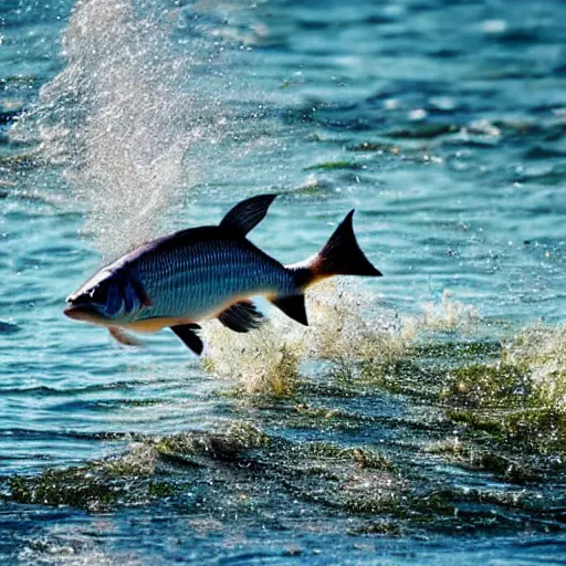 Prompt: closeup of a fish jumping out of the water as a fisherman reels him in