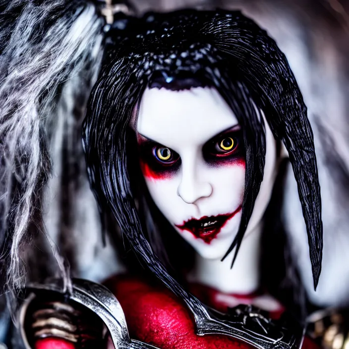 Prompt: photograph of a real - life beautiful vampire queen warrior. extremely detailed. dslr. standard lens. 3 5 mm.