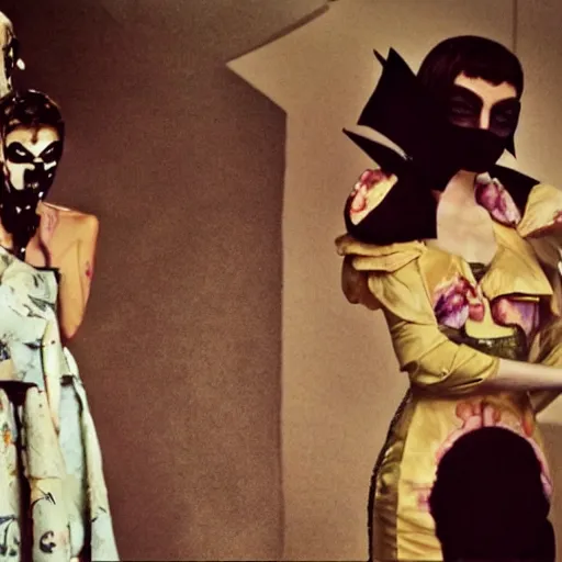 Image similar to 3 5 mm color photography, joel - peter witkin and stephen gammell, vogue shoot video still of masked giallo fashion show