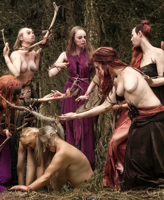Prompt: a group of pagan female sorcerers performing a fertility ritual