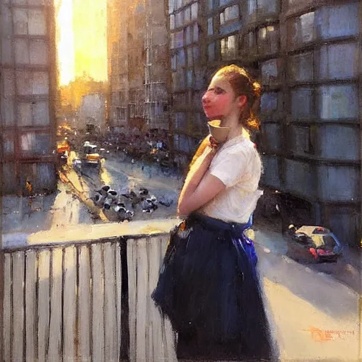 Prompt: “ girl holding a cup of coffee leaning out of a window overlooking the east village, morning light, by daniel gerhartz ”