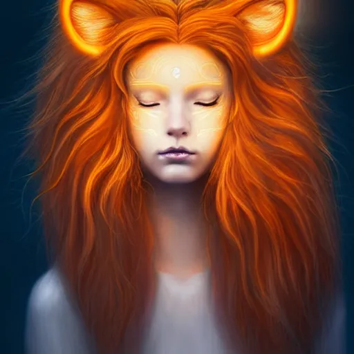 Image similar to Portrait of a girl angel with pale orange colored frizzy strands of illuminated hair, Lion essence, cat ears on her head, glowing halo, Lion's Mane, Cosmic, Lion's Gate, 8/8, fantasy, intricate, elegant, highly detailed, digital painting, artstation, concept art, smooth, sharp focus, illustration, art by Krenz Cushart and Artem Demura and alphonse mucha