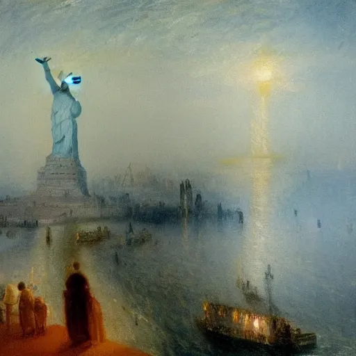 Prompt: high quality oil painting of a staten island ferry passing by the statue of liberty, by j. m. w. turner