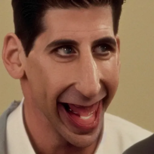 Prompt: Ross Geller as The American Psycho sweating as he stares at you in psychopathic silence after you tell him you ate his sandwich with the moist-maker