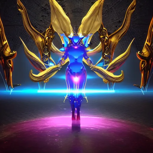 Image similar to the most beautiful cosmic android robot female devil, long glowing horns, huge wispsy wings, devil wings, into the cosmic sun, photo pic by unreal engine