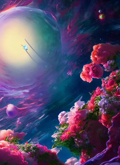 Image similar to An epic fantastic realism comic book style painting of the most beautiful flowers launched into space, bouquets, glorious galactic collision, sharp focus, fisheye, unreal 5, DAZ, hyperrealistic, octane render, dynamic lighting