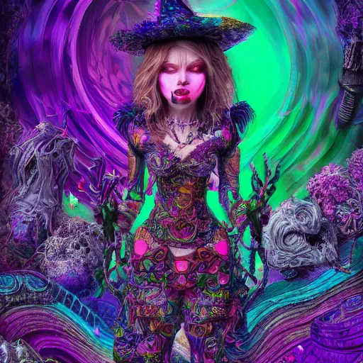 Image similar to psychadelic witch, hyper detailed, flowing psychadelic background intricate and detailed, ornate 8 k gorgeous intricate detailed, octane render