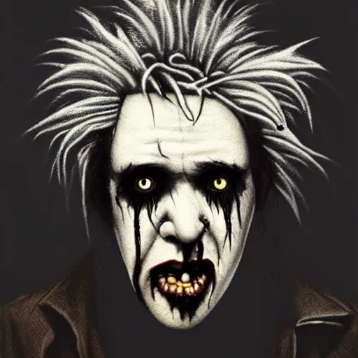 Prompt: early picture of robert smith from the eighties as a cute zombie, 7 days to die zombie, fine art, award winning, intricate, elegant, sharp focus, cinematic lighting, digital painting, 8 k concept art, art by z. w. gu, art by brom, art by michael hussar, 8 k