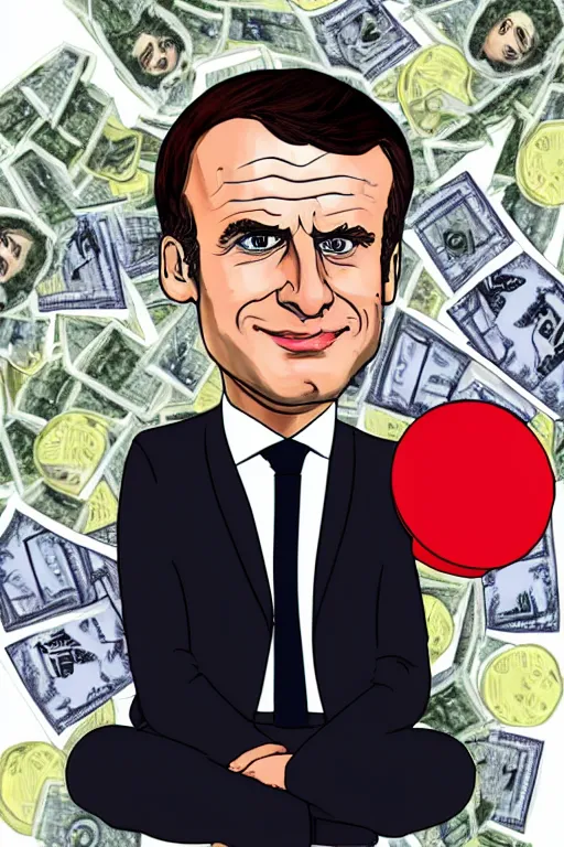 Prompt: Emmanuel Macron sitting on a huge pill of money, cartoon, white background