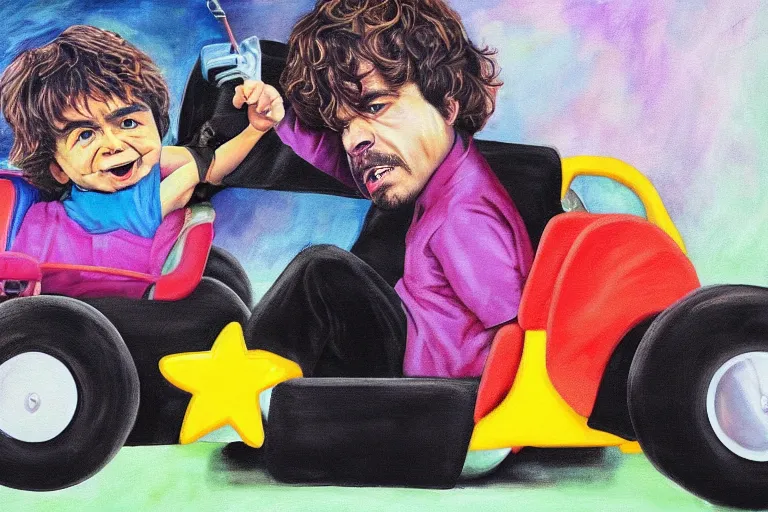 Image similar to black velvet painting of peter dinklage driving a little tikes crazy coupe