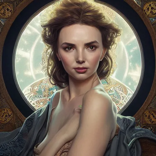 Image similar to full figure ultra realistic illustration, jodie comer as amora, intricate, elegant, highly detailed, digital painting, artstation, concept art, smooth, sharp focus, illustration, art by artgerm and greg rutkowski and alphonse mucha