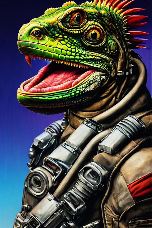 Image similar to a portrait of a muscular anthropomorphic cyberpunk iguana! in leather spacesuit armor with a large head by sandra chevrier, by jon foster, detailed render, pistol in holster, tape deck, epic composition, cybernetics, 4 k realistic, cryengine, realistic shaded lighting, sharp focus, masterpiece, by enki bilal