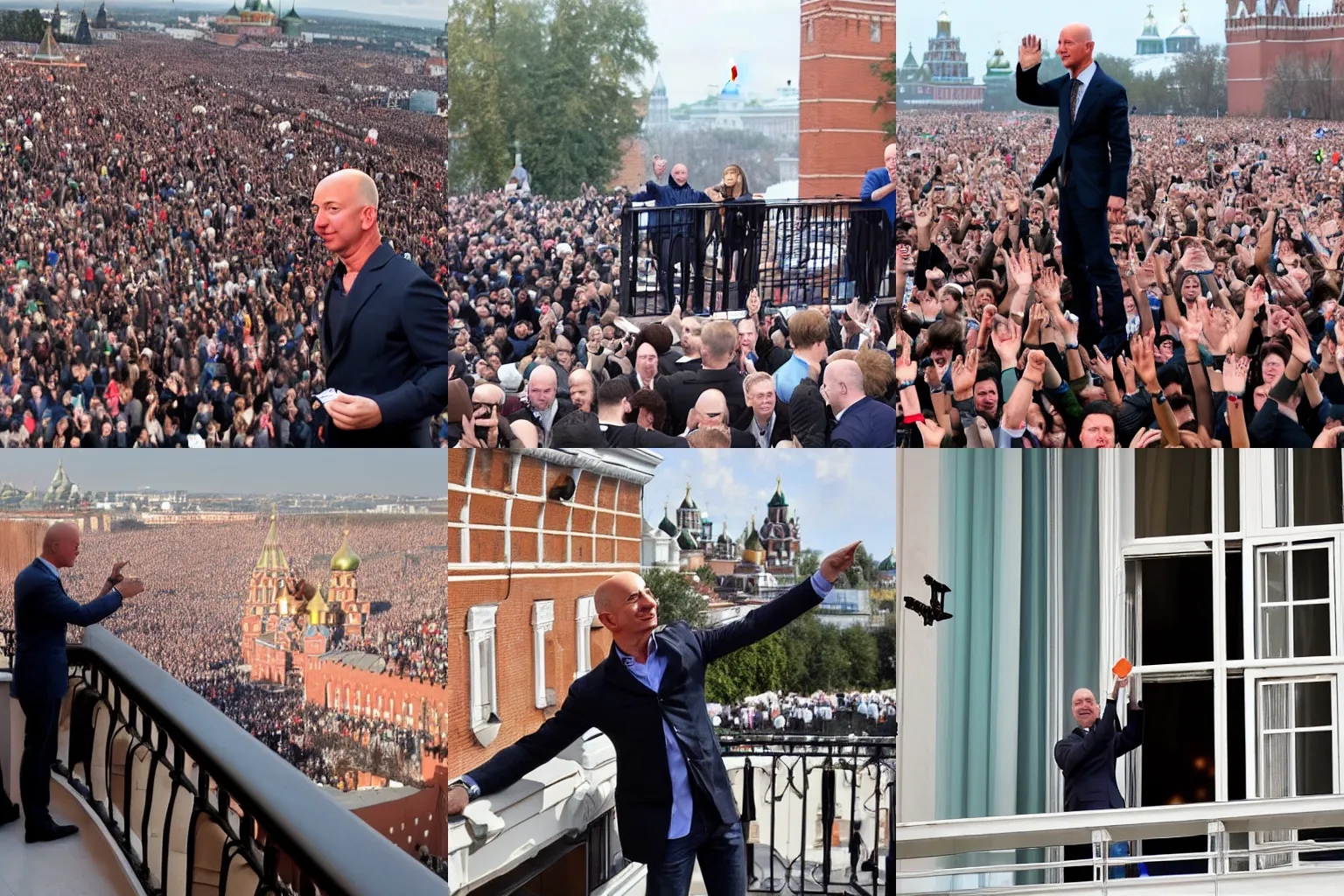 Prompt: Jeff Bezos throwing money at a huge gathering of people from a balcony in Kremlin