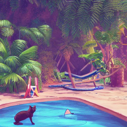 Image similar to swimming pool in the middle of the jungle a cat and a dog playing around , empty beach chair , highly detailed, digital painting, artstation, concept art