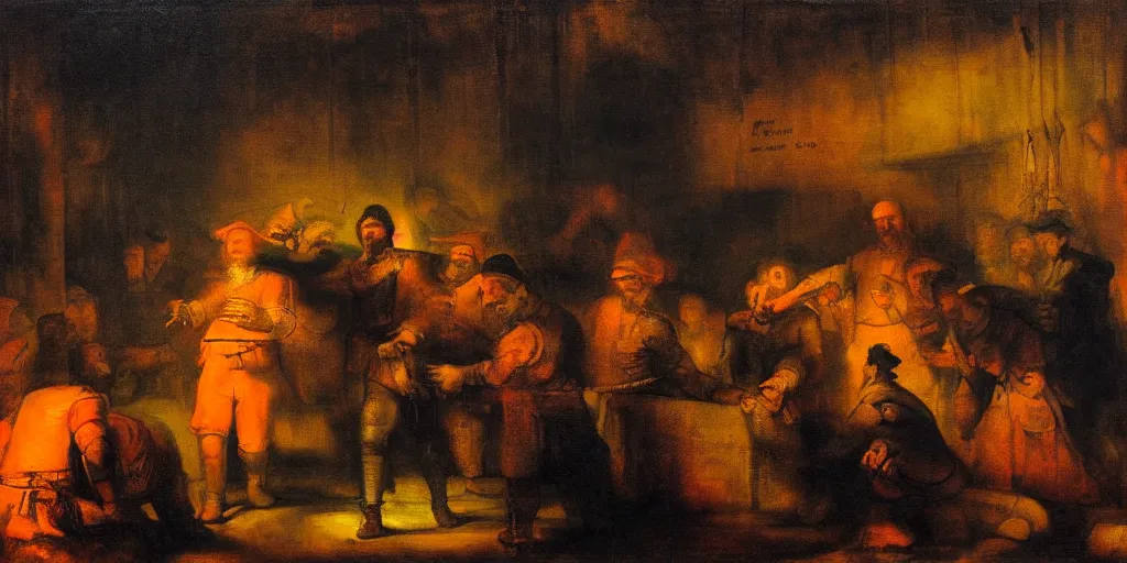 Prompt: futuristic neon lighting scene of death of the money lenders, modern oil painting by rembrandt with led panel screens and projections, dynamic lighting, black and orange colour palette