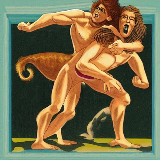 Image similar to Samson wrestling the lion, pulp science fiction illustration